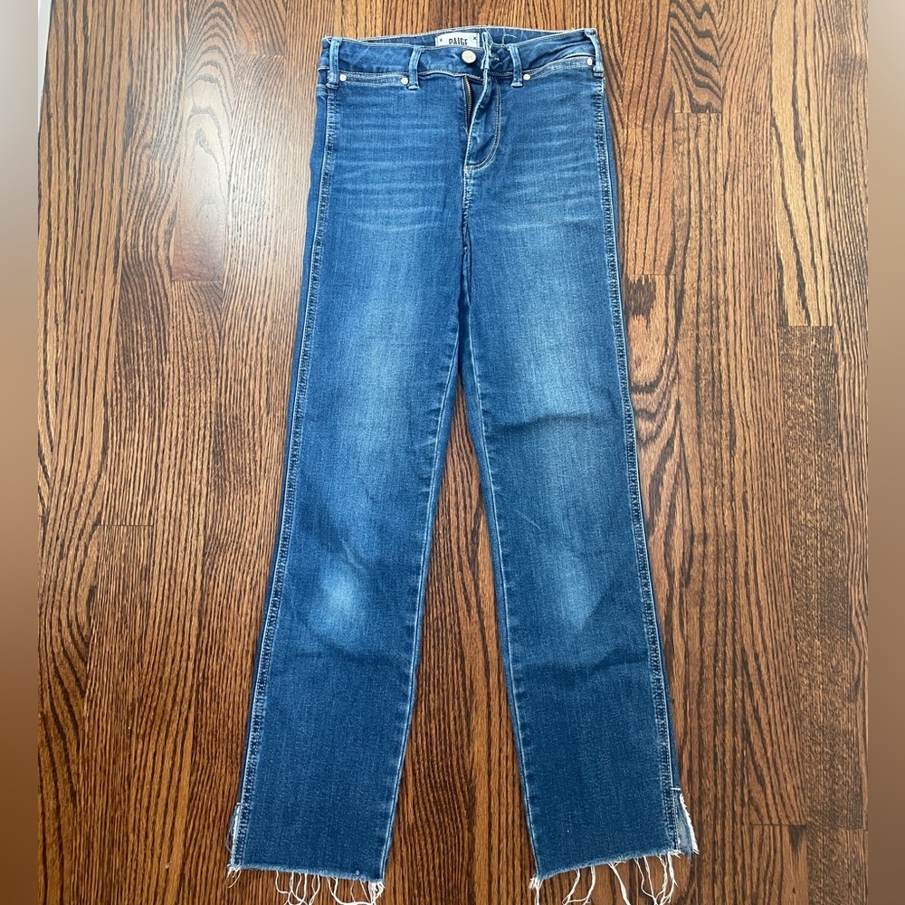 PAIGE Hoxton Straight Leg Jeans, High-rise with Cropped Distressed Hem Size 24